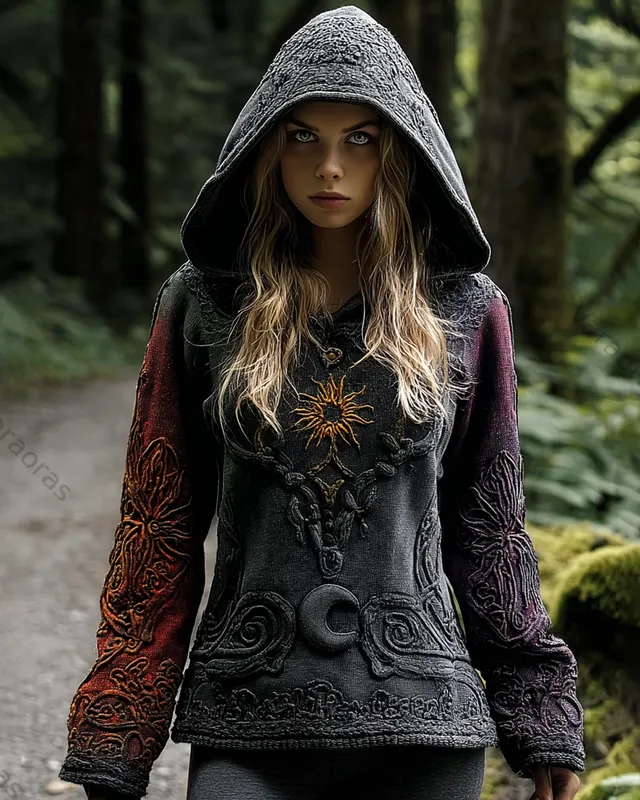 Star and Moon Theme 3D Embroidered Gradient Hooded Sweatshirt 9e17