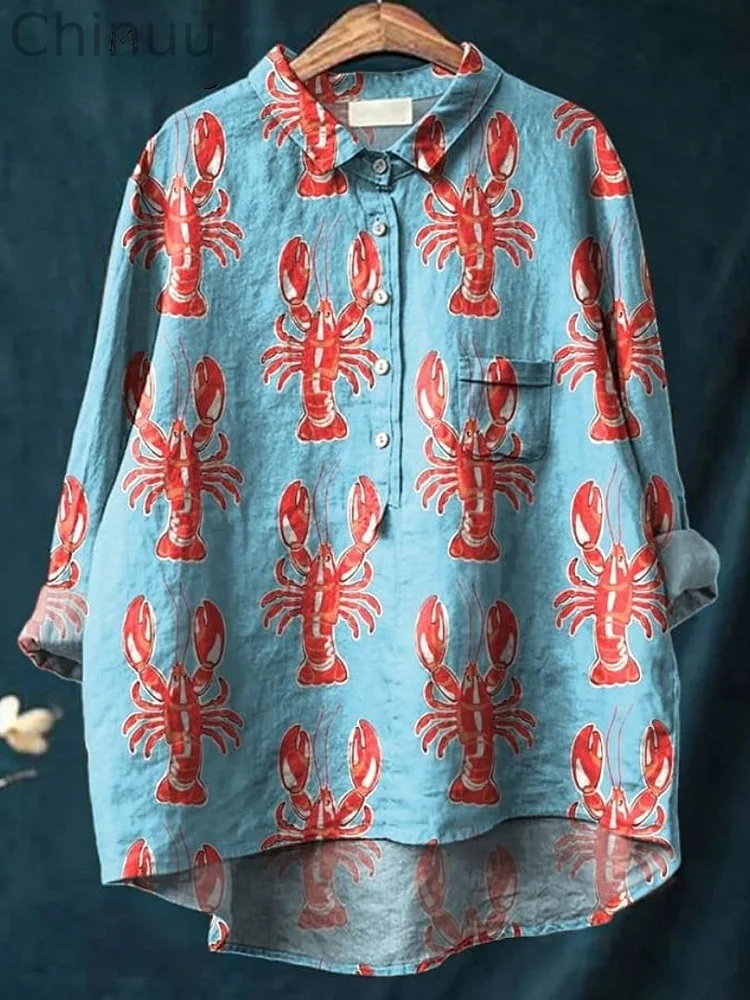 Lobster Repeat Pattern Printed Women's Casual Cotton And Linen Shirt