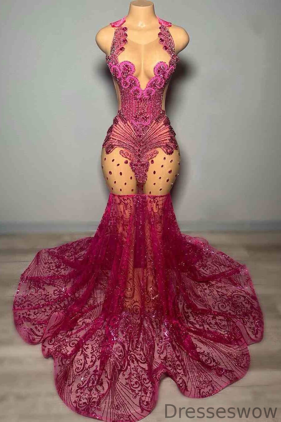 Dresseswow Fuchsia Sleeveless Prom Dress Mermaid Sequins Beadings Long