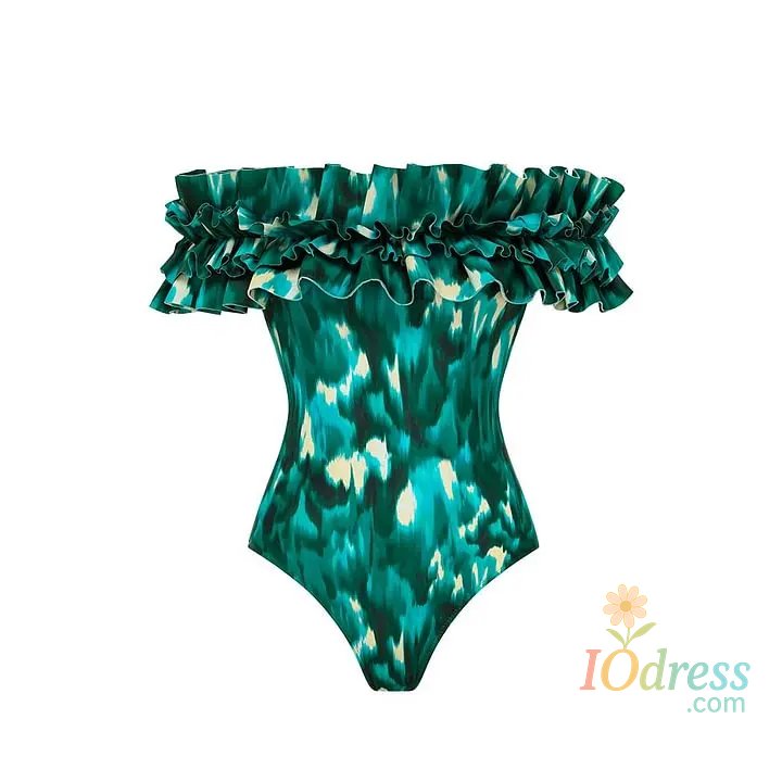 IO Dress FLAXMAKER Bandeau Ruffled Green Blooming Print One Piece Swimsuit and Mesh Splicing Sarong Women Beachwear Luxury Bathing Suit