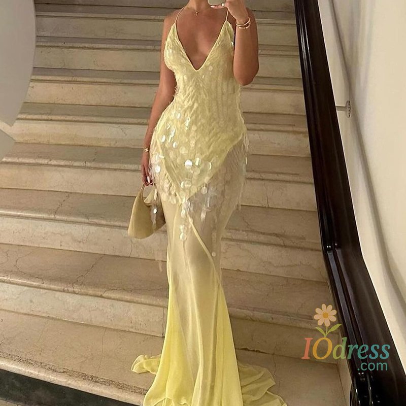 IO Dress Sexy Deep V Neck Solid Patchwork Maxi Dress, Women Casual Sleeveless Backless Party Dress, Elegant Ladies Sequins Dress Vestidos