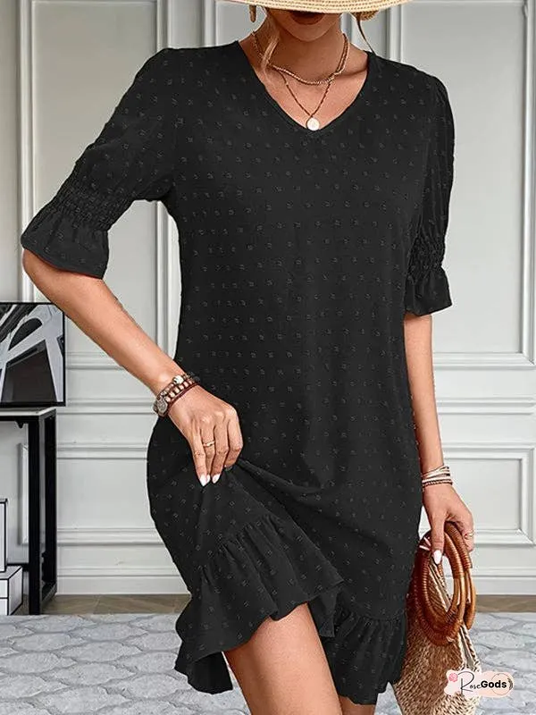 A-line flared sleeves elasticity jacquard pleated solid color split-join v-neck mini dress
