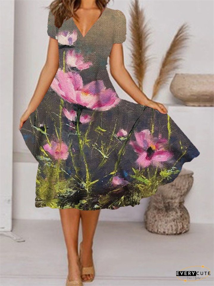 Women's New V-neck Short-sleeved Mid-length Dress Positioning Plant Floral Print Colorful Painting Hem Common-style Dress