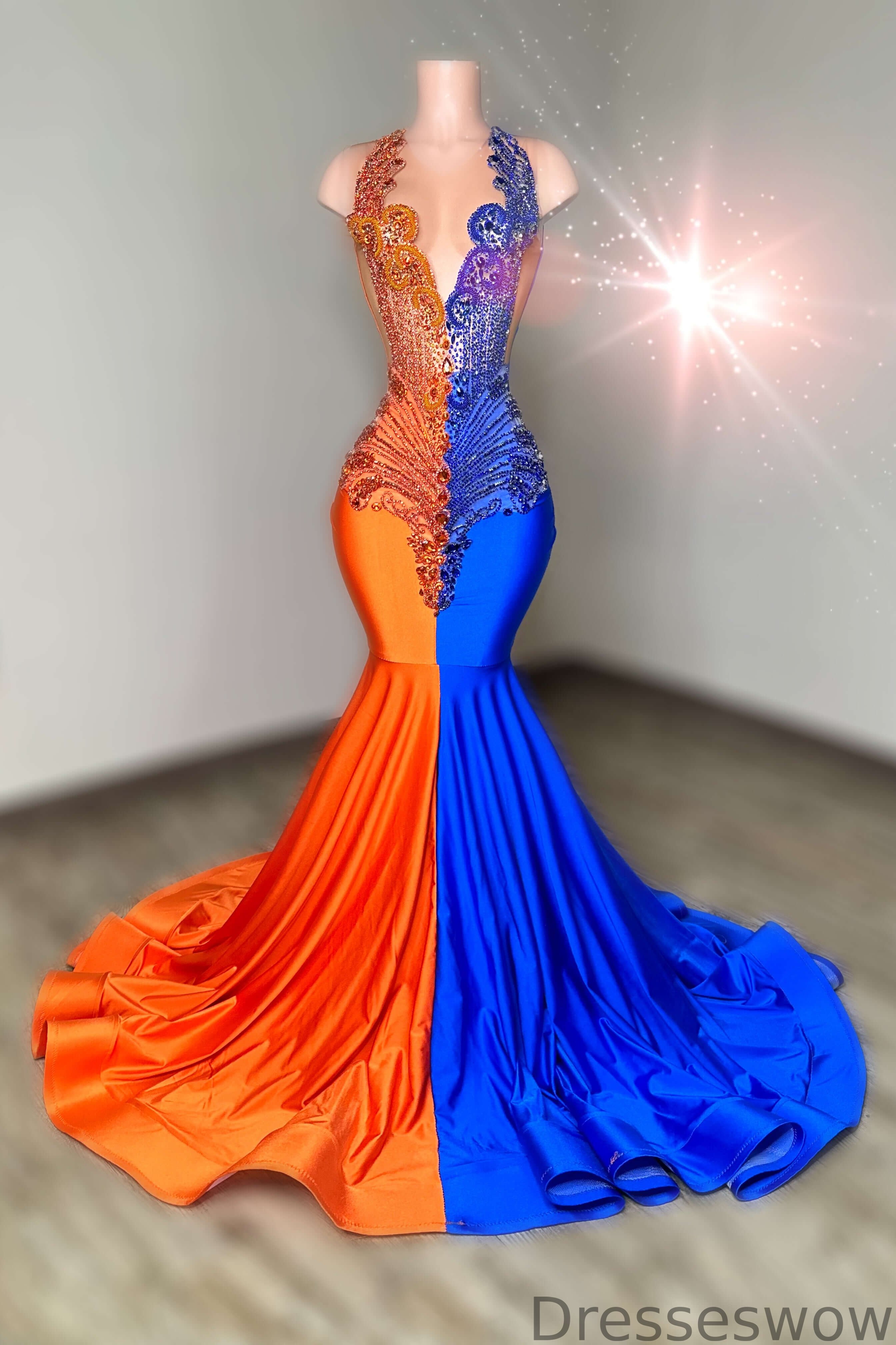 Dresseswow Orange and Blue Sleeveless Mermaid Formal Dresses With Beadings Crystals