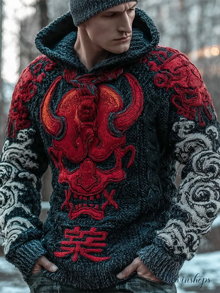 Halloween Japanese Ghost Art Men's Chunky Knit Hooded Sweater