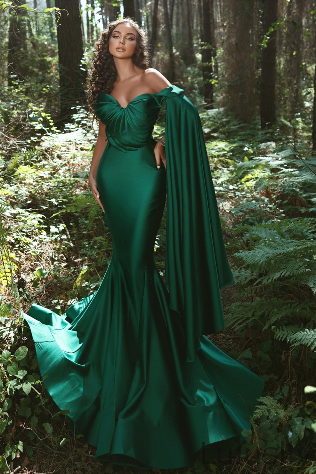 Luluslly Emerald Green Mermaid Prom Dress Ruffles Sleeve Sweetheart Long