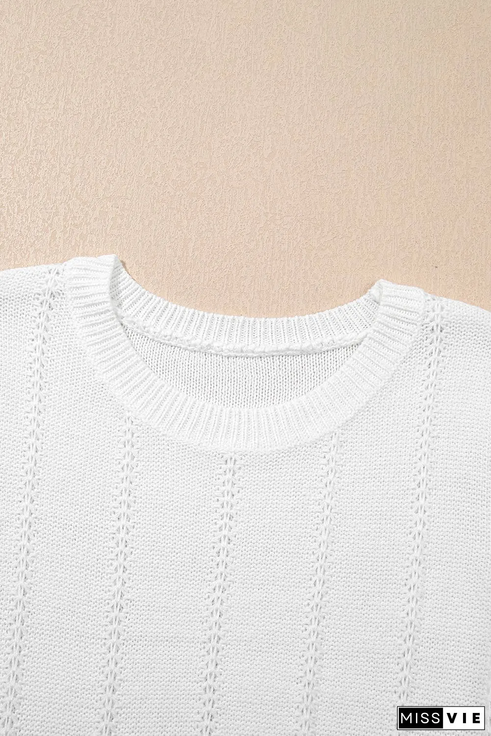Pointelle Knit Short Puff Sleeve Crewneck Sweater