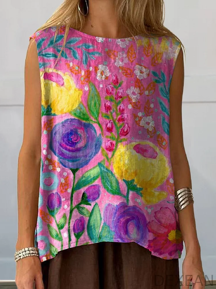 Bright Flower Print Women's Print Casual Cotton And Linen Tank Top