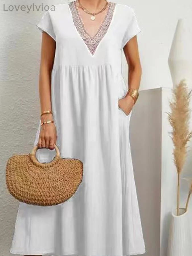Women's Solid Color Sleeveless Loose Lace V-neck Cotton Linen Pocket Dress