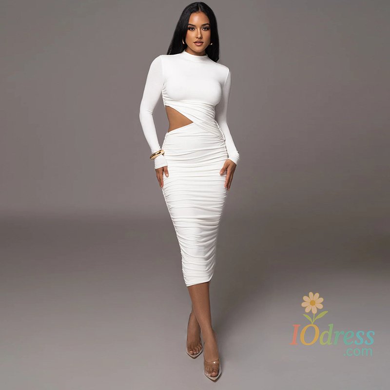 IO Dress Casual Women Dress Fashion Sexy Solid Streetwear O-Neck Full Sleeve Hollow Out Sheath Long Elegant Bodycon Vestidos Robe Female