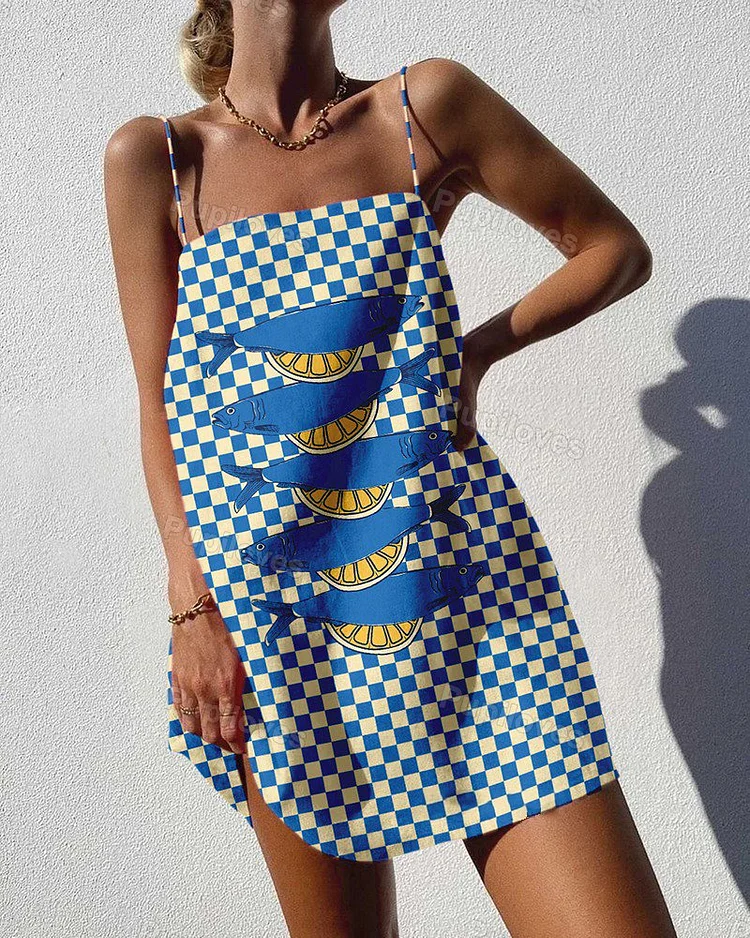 Pupiloves Pupiloves Retro Checkered Fish Print Mini Dress