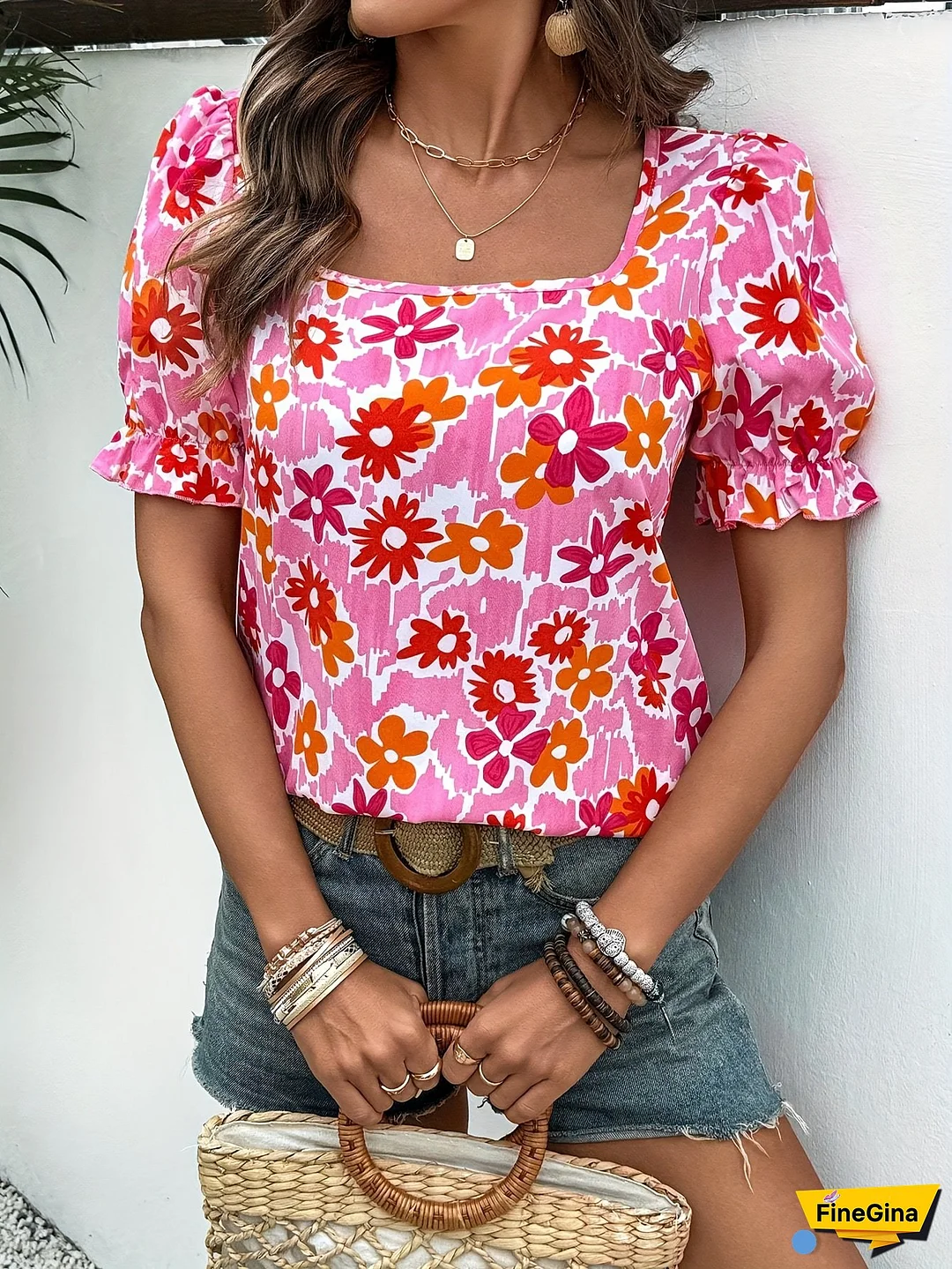 Plus Size Women's Floral Print Square Neck Puff Sleeve Blouse - Vibrant Pink & Orange Flowers on White, Machine Washable Casual Elegant Top for All Seasons, Allseason Clothing, Nontransparent Fabric