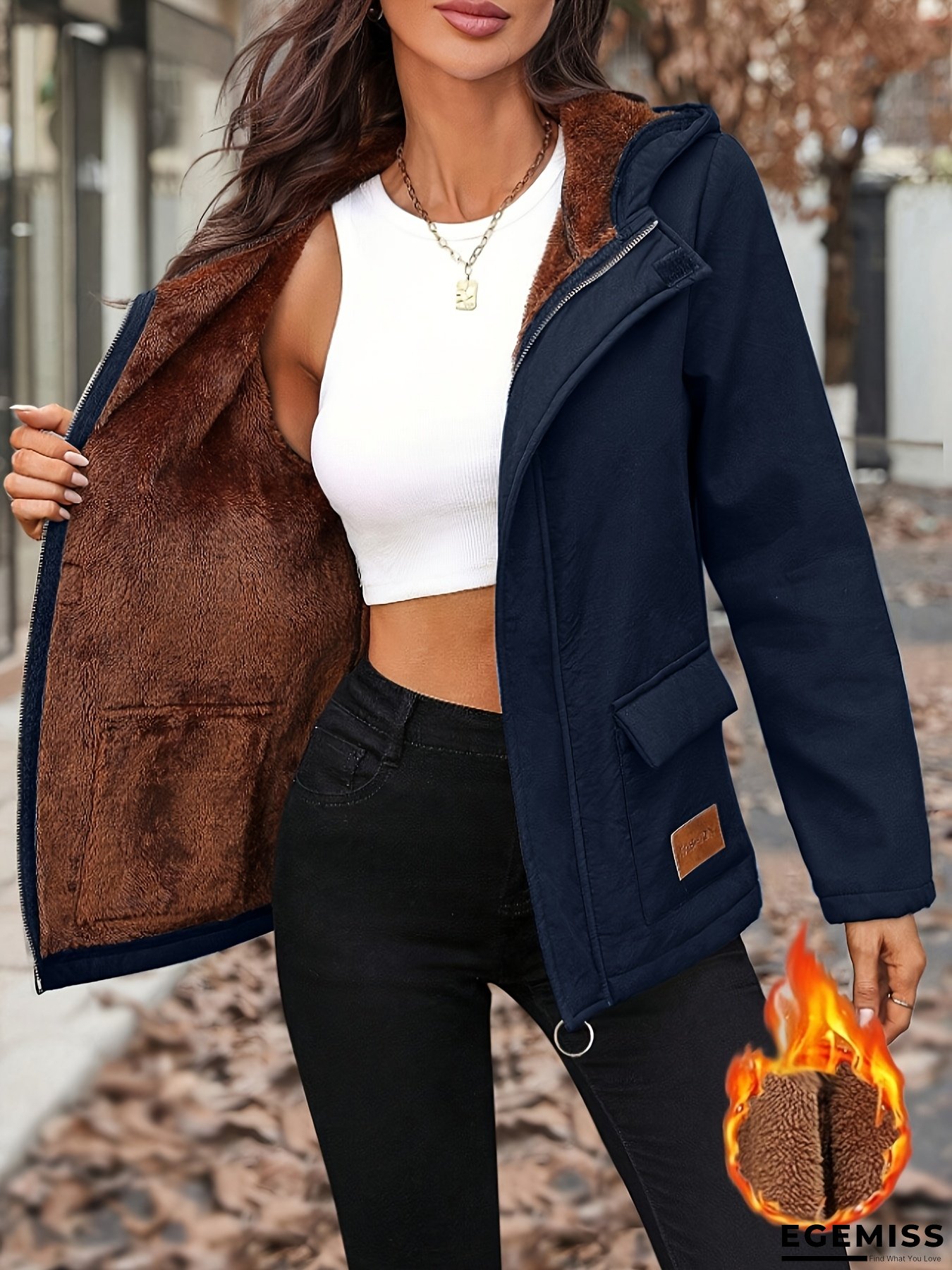 Women's Elegant Hooded Jacket - Cold Weather Outerwear with Zipper Closure, Machine Washable Winter Coat for Everyday & Formal Events, Non-Stretchy Structured Fit (Fall/Winter), Fall Fashion, Highquality Lining, Durable Fabric, Office Wear | EGEMISS