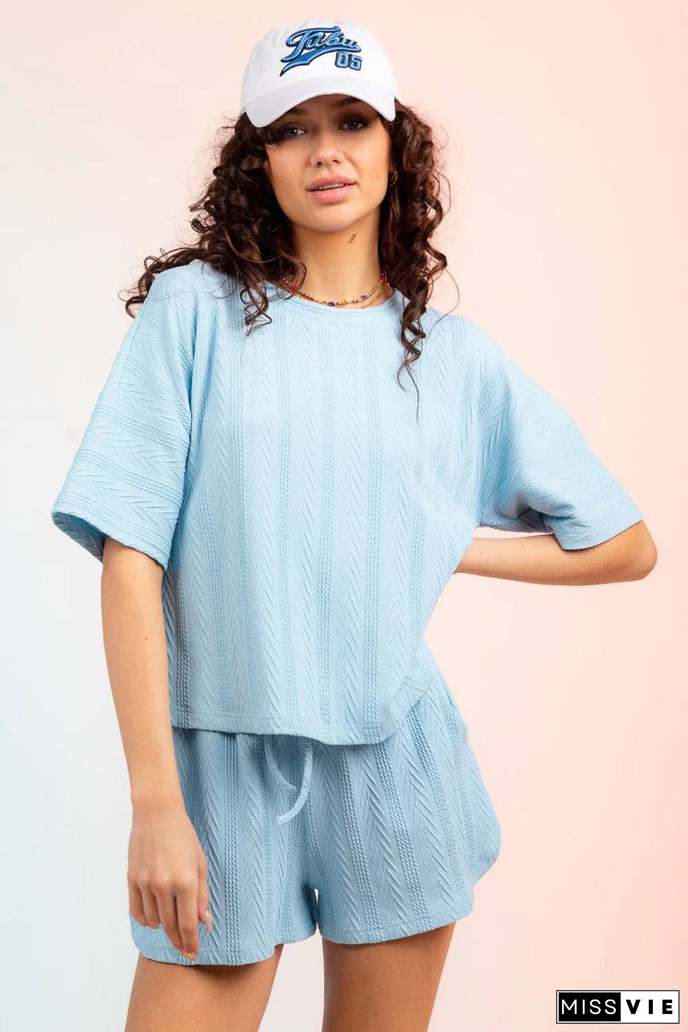 Textured Round Neck Top and Shorts Set