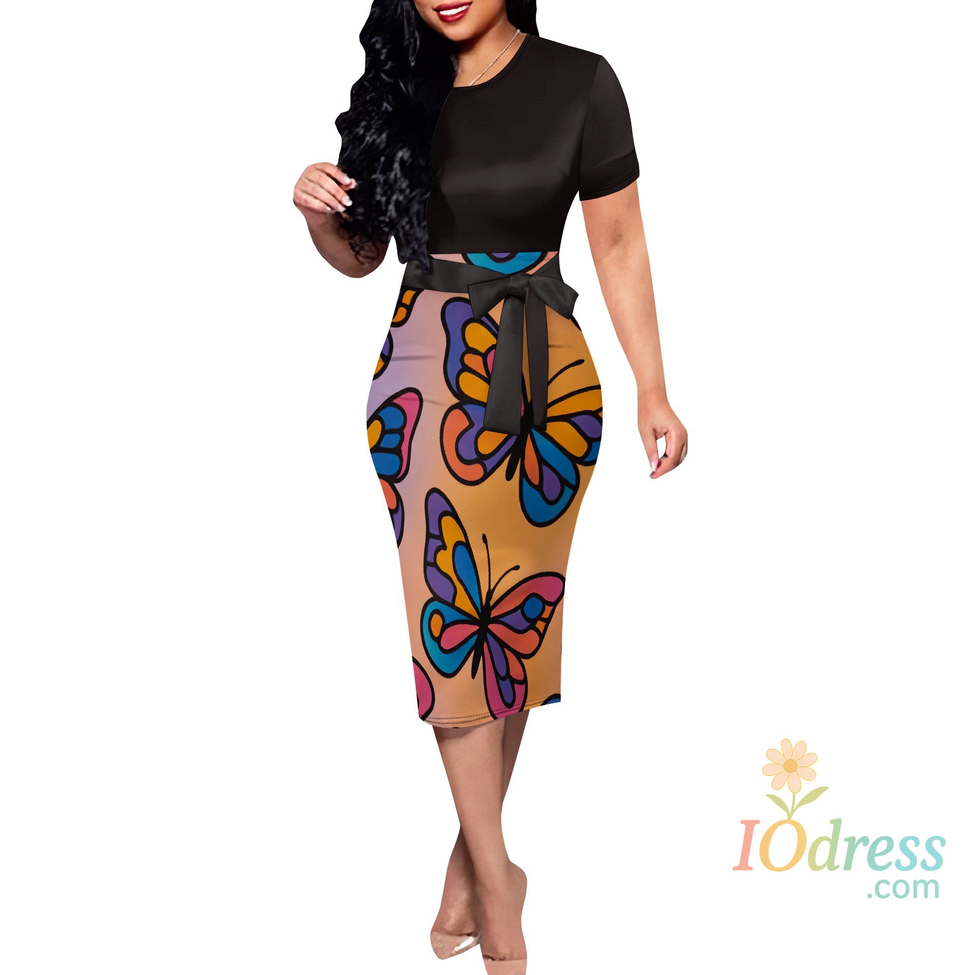 IO Dress Women Midi Bodycon Dress Work Casual Cute Floral Prints Pencil Dresses IO Dress