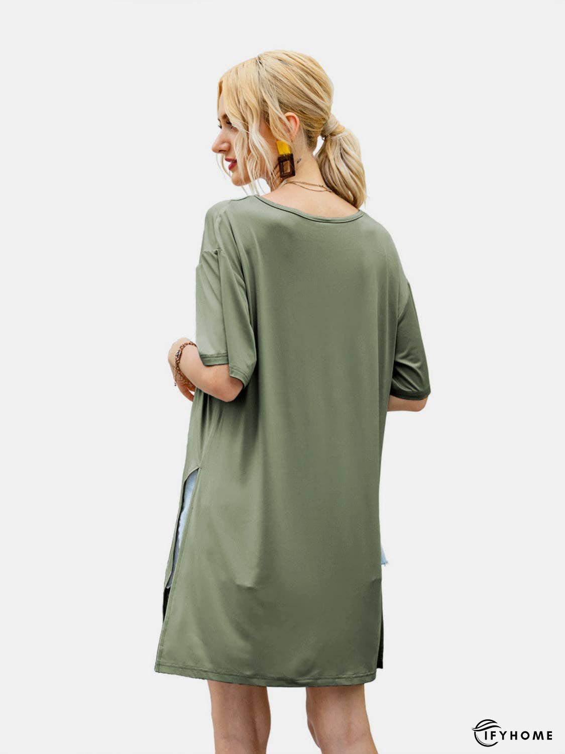 Slit Boat Neck Half Sleeve T-Shirt | IFYHOME