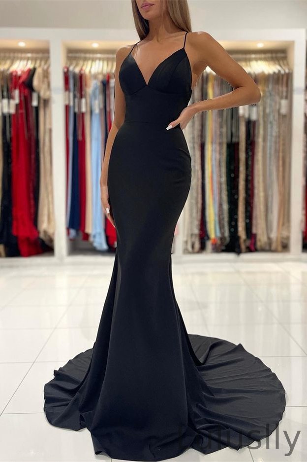 Luluslly Black Spaghetti-Straps Mermaid Prom Dress V-Neck Online