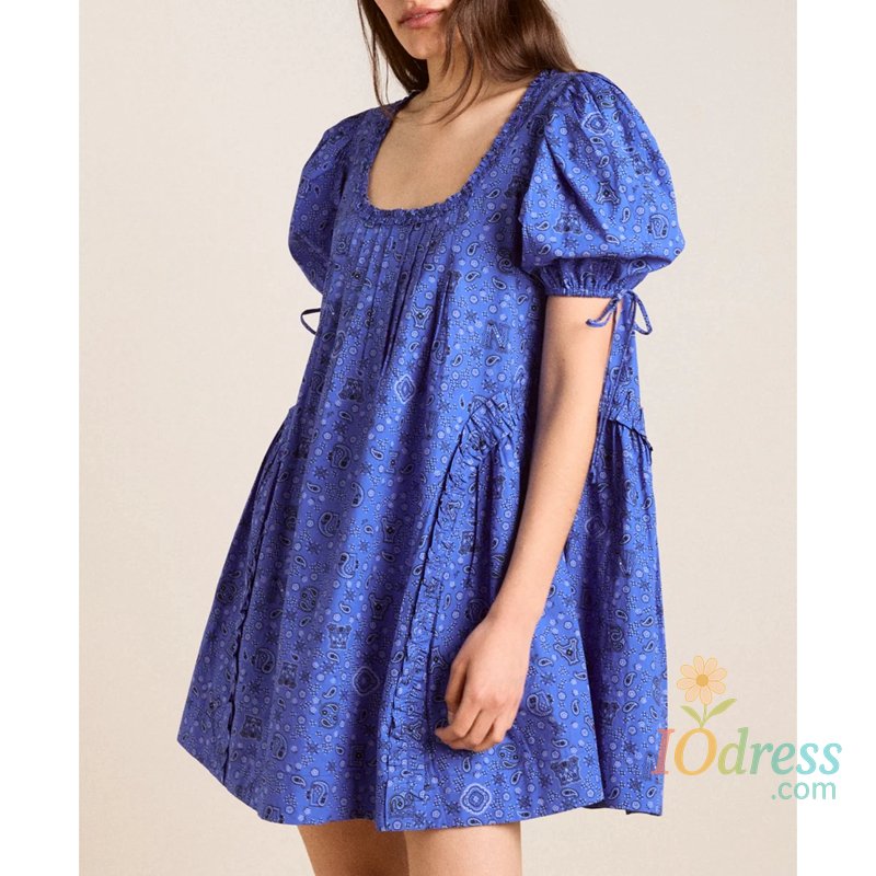 IO Dress Women Summer Vintage Bow Tied Short Puff Sleeve Ruffle Frills Pleated Square Neck Floral/Dot Loose A-line Mini Dress