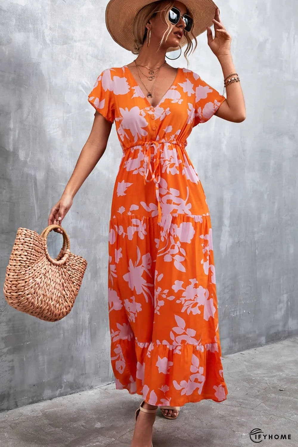 Floral Buttoned Drawstring Waist Tiered Dress | IFYHOME