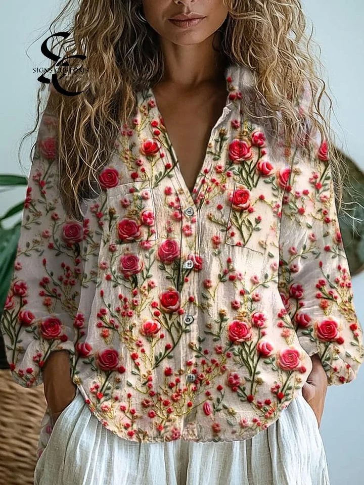 Women's  Retro Floral Art Print Casual Long Sleeve Comfortable Cotton Shirt