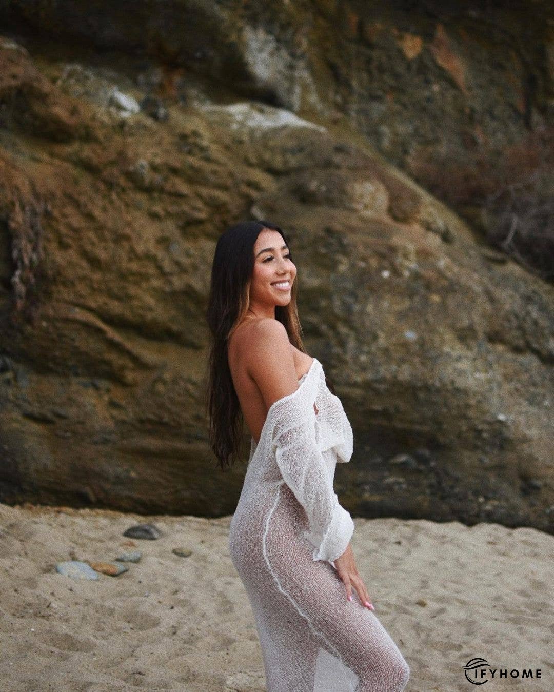 Ladies See Sheer Backless Knit Maxi Dress Beach Cover 1226 | IFYHOME