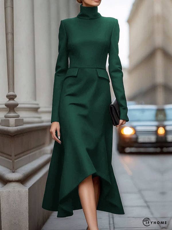 Long Sleeves Skinny Solid Color High Neck Midi Dresses | IFYHOME