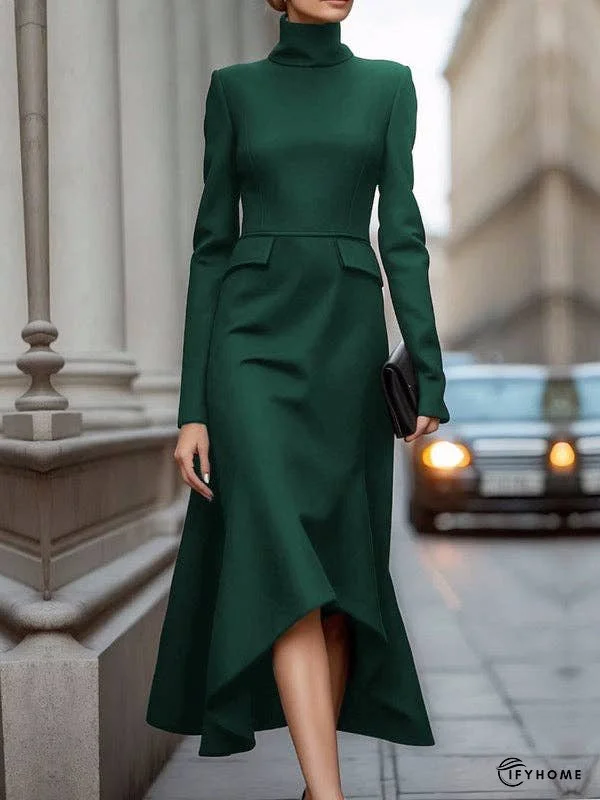Long Sleeves Skinny Solid Color High Neck Midi Dresses | IFYHOME