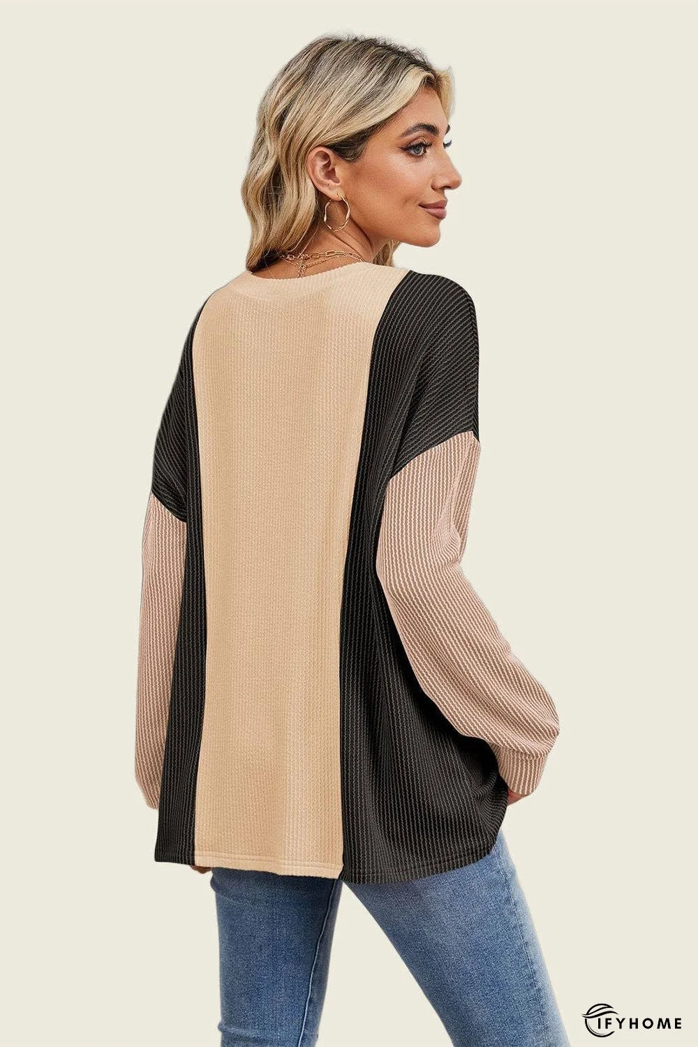 Double Take Texture Contrast Round Neck Long Sleeve T-Shirt | IFYHOME