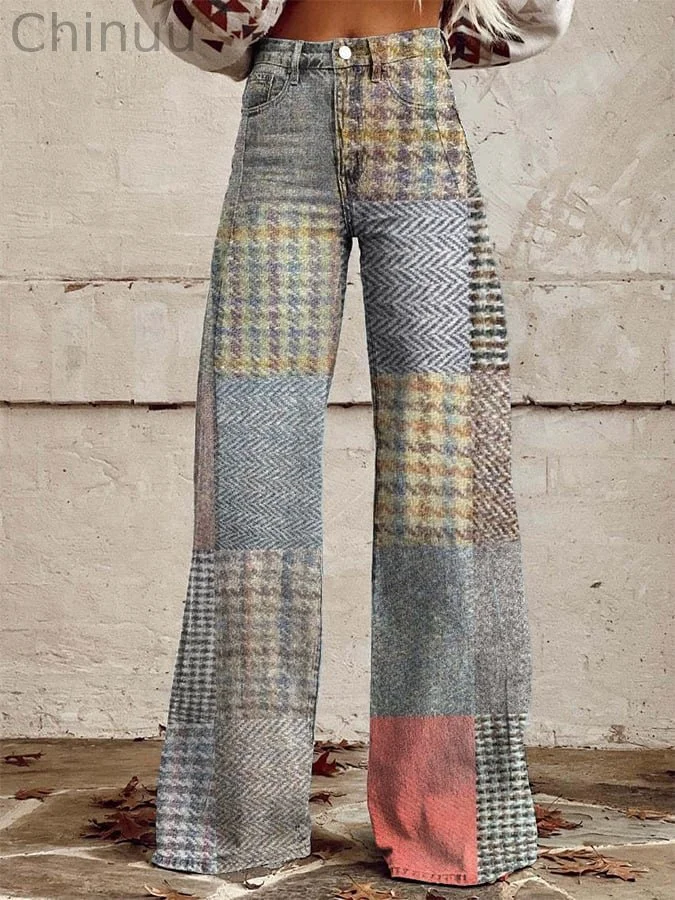 Women's Retro Geometric Patchwork Design Wide Leg Pants