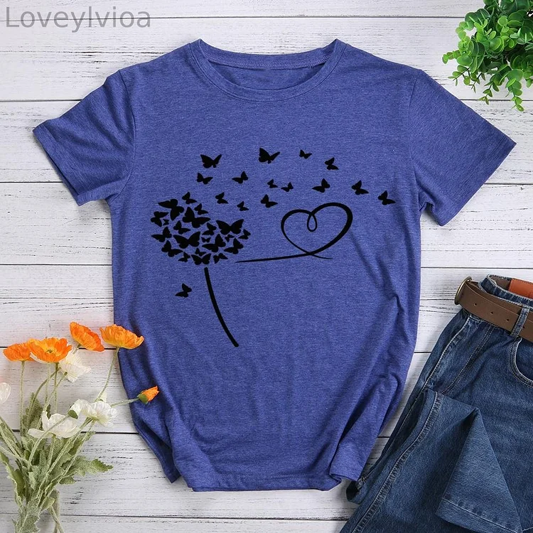 dandelion butterfly Round Neck T-shirt-0023474