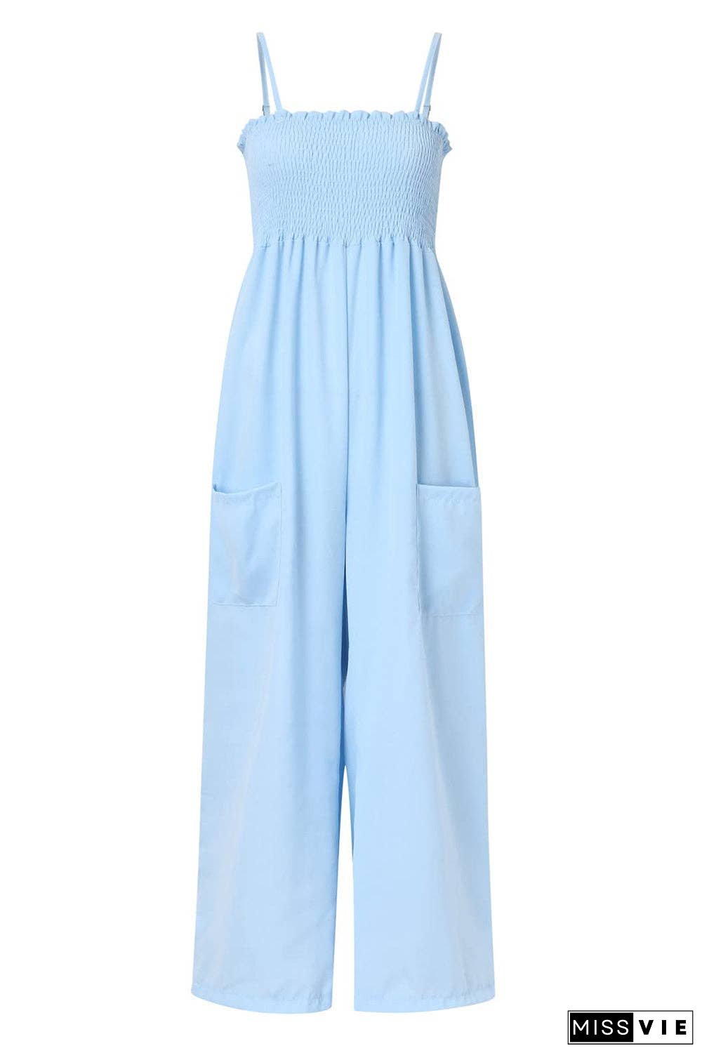 Smocked Spaghetti Strap Wide Leg Jumpsuit - Pocketed