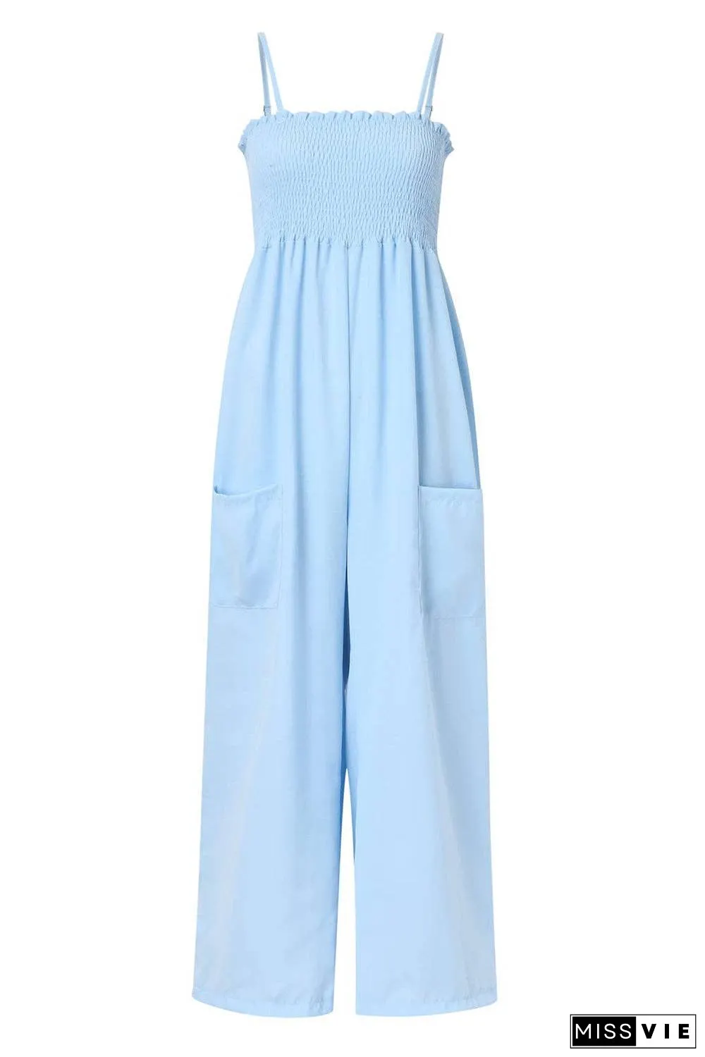 Smocked Spaghetti Strap Wide Leg Jumpsuit - Pocketed