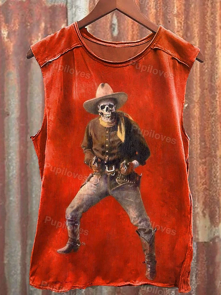 Pupiloves Pupiloves Vintage Skull Cowboy Art Print Casual Tank Top