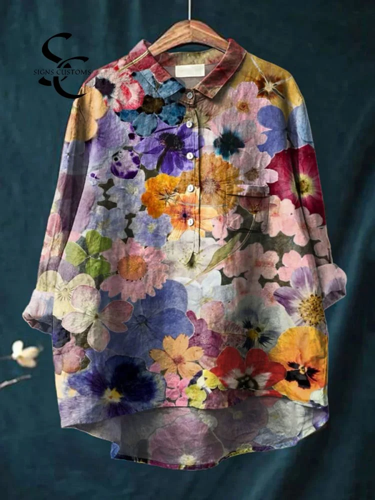 Women's Vintage Floral Art Print Casual Cotton And Linen Shirt