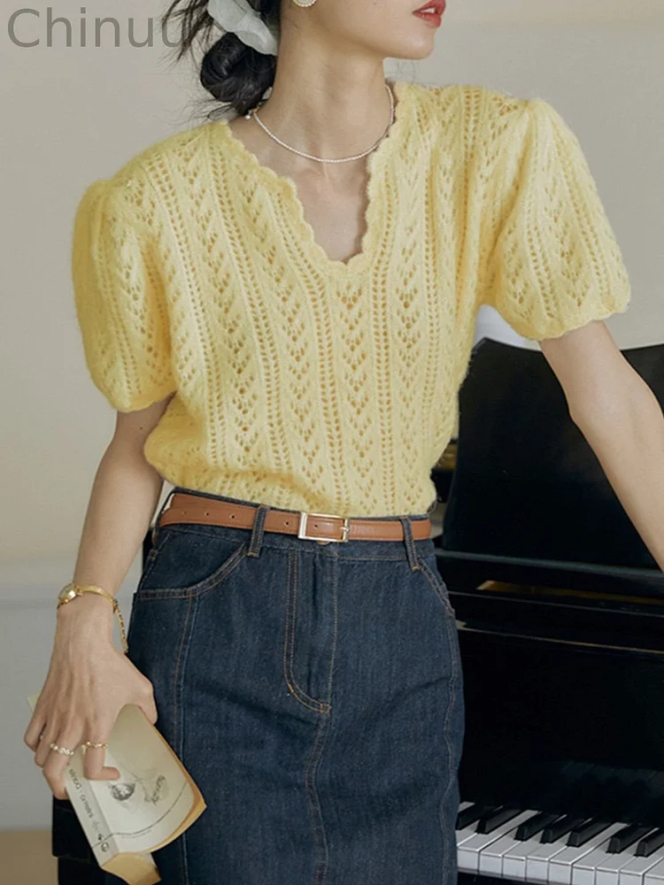 French style lazy and gentle knitted sweater - Yellow