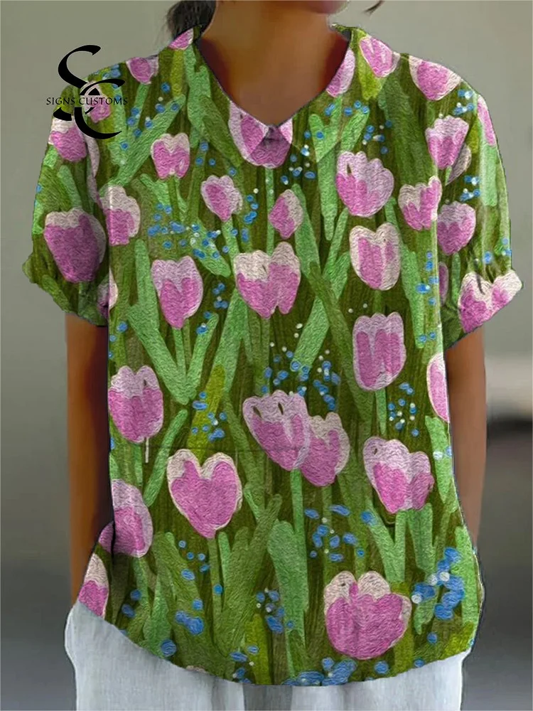 Women's Colourful Art Flowers Print Casual Cotton And Linen Shirt