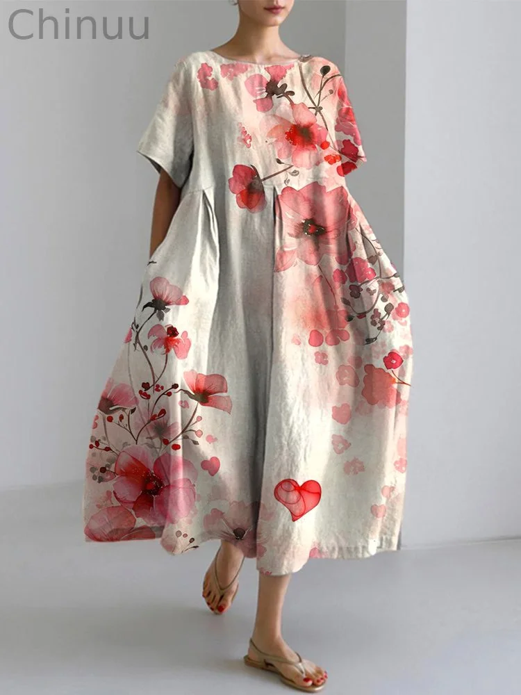 Vintage Floral Watercolor Art Cozy Cotton Linen Dress