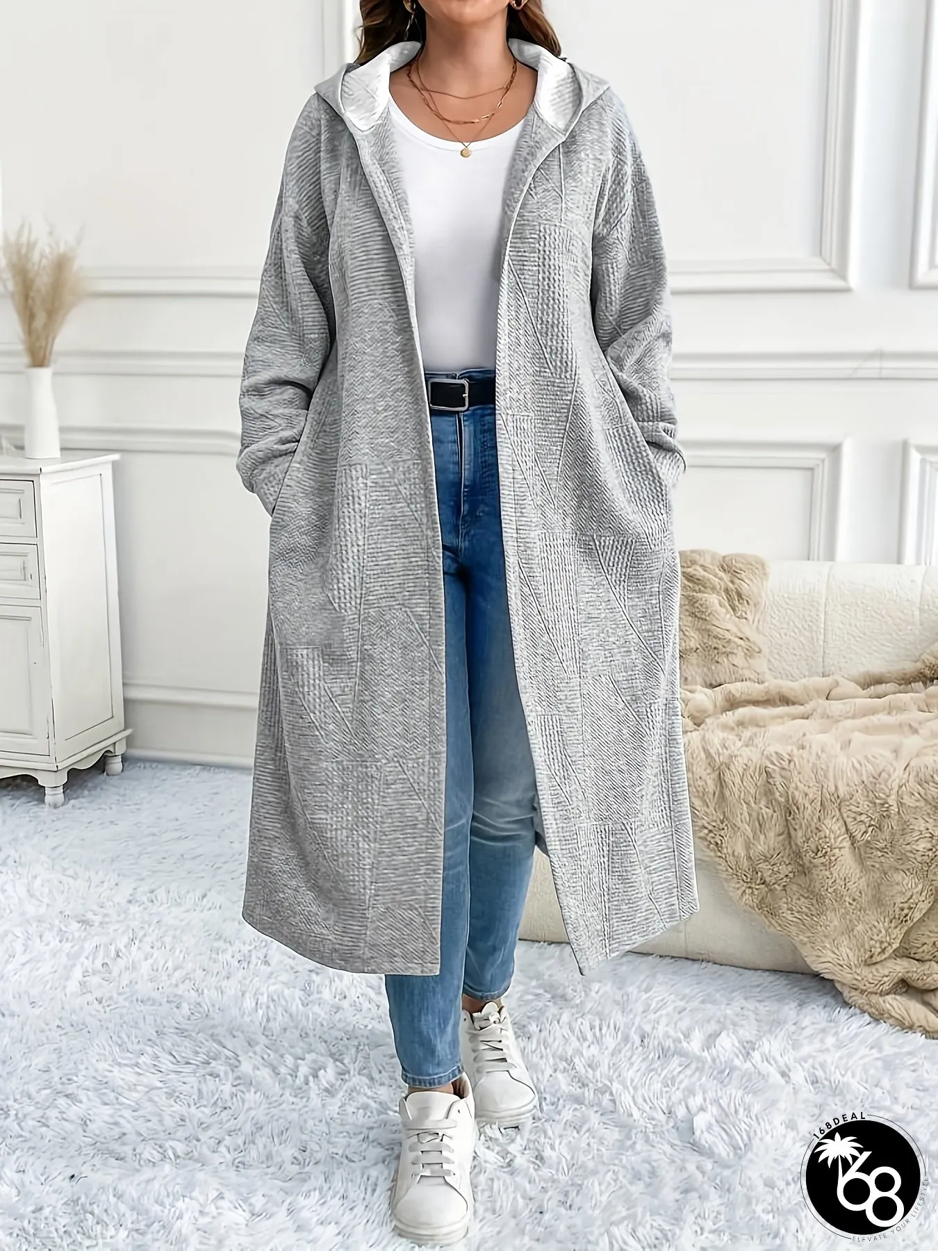 Plus Size Womens Elegant Floor-Length Hooded Sweater Coat Loose-Fit Longline Tunic Jacket | 168DEAL