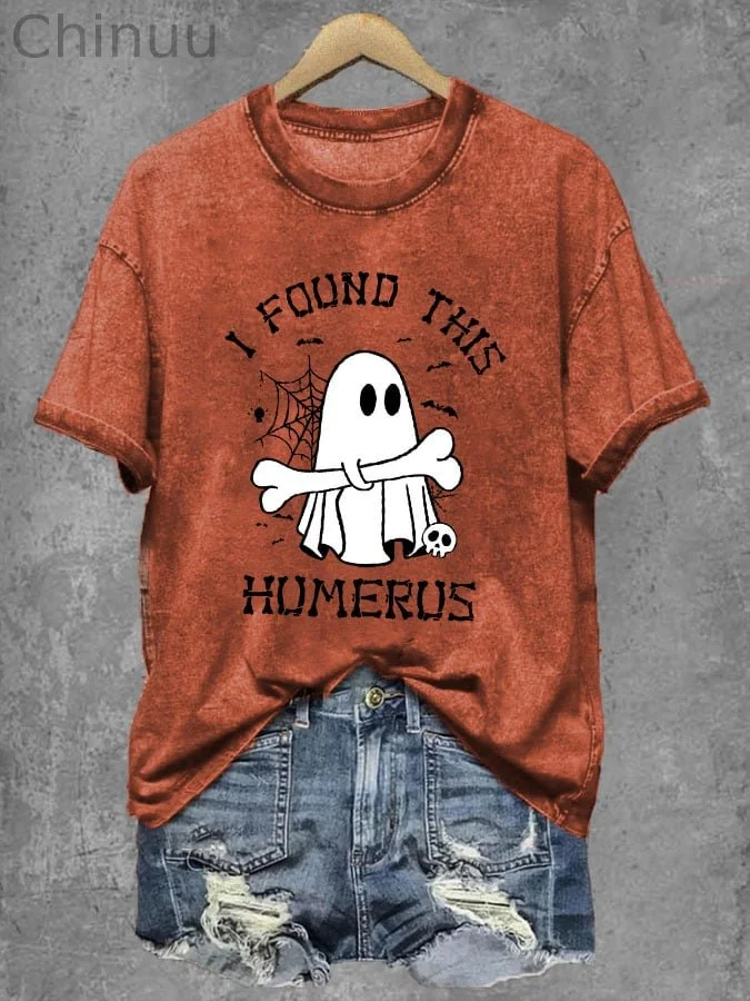 Women's Halloween Funny I Found This Humerus Boos Print T-Shirt 
