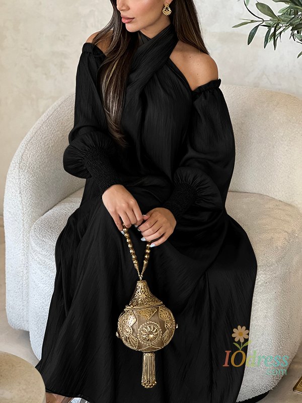 IO Dress Modigirl American Retro Halter-neck Loose Dress Cold Shoulder Puff Sleeves H-line Maxi Dress 2025 New Elegant Evening Dresses
