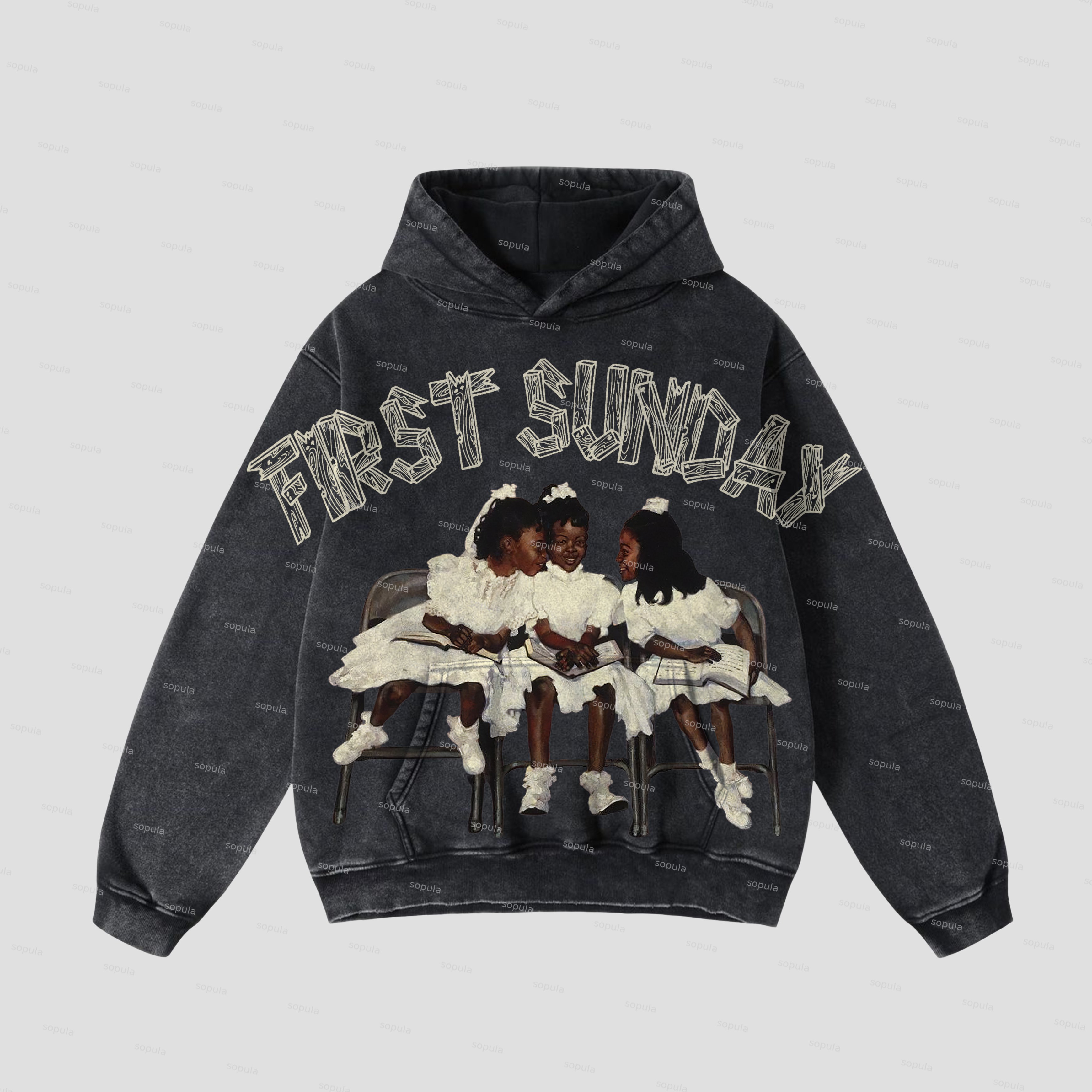 Vintage First Sunday Faith Graphic Acid Washed Oversized Hoodie - Sopula ｜Premium Graphic Tees & Graphic Streetwear