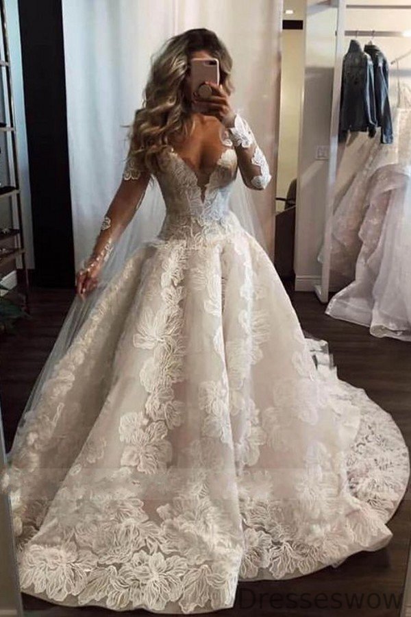 Dresseswow Deep V-Neck Sleeves Pearl Long Long Wedding Dresses With Lace Appliques