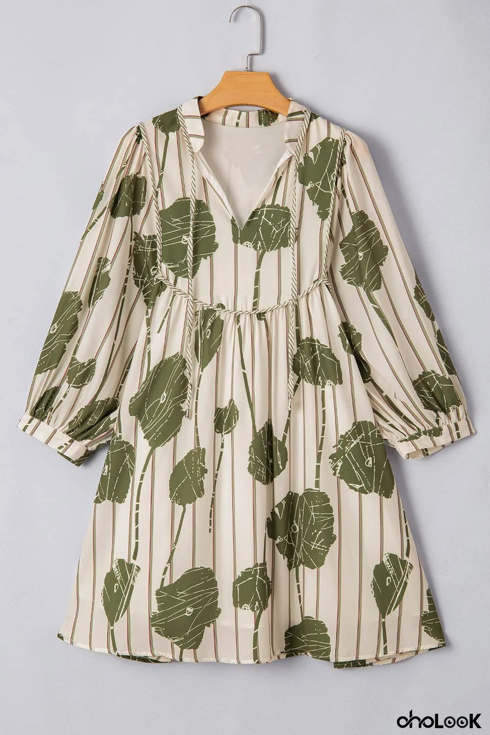 Floral Striped Print Contrast Piping Puff Sleeve Dress