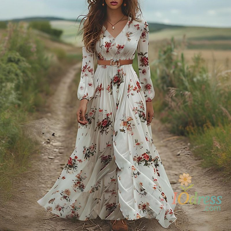 IO Dress 2025 Spring Long Sleeved Pleated Bohemian Dress Casual Rural Loose Maxi Dresses Retro Pattern Printed Deep V Neck Women's Dress IO Dress