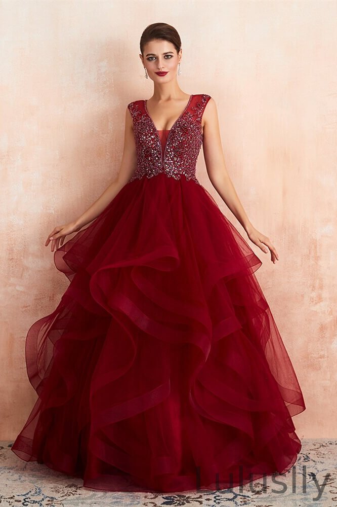 Luluslly Burgundy V-Neck Prom Dress Tulle Long With Beads Online