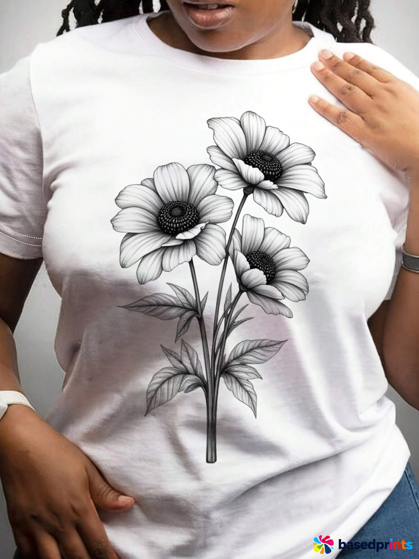 Black and White Sunflower T-Shirt Women Casual Short Sleeve Cotton Tee
