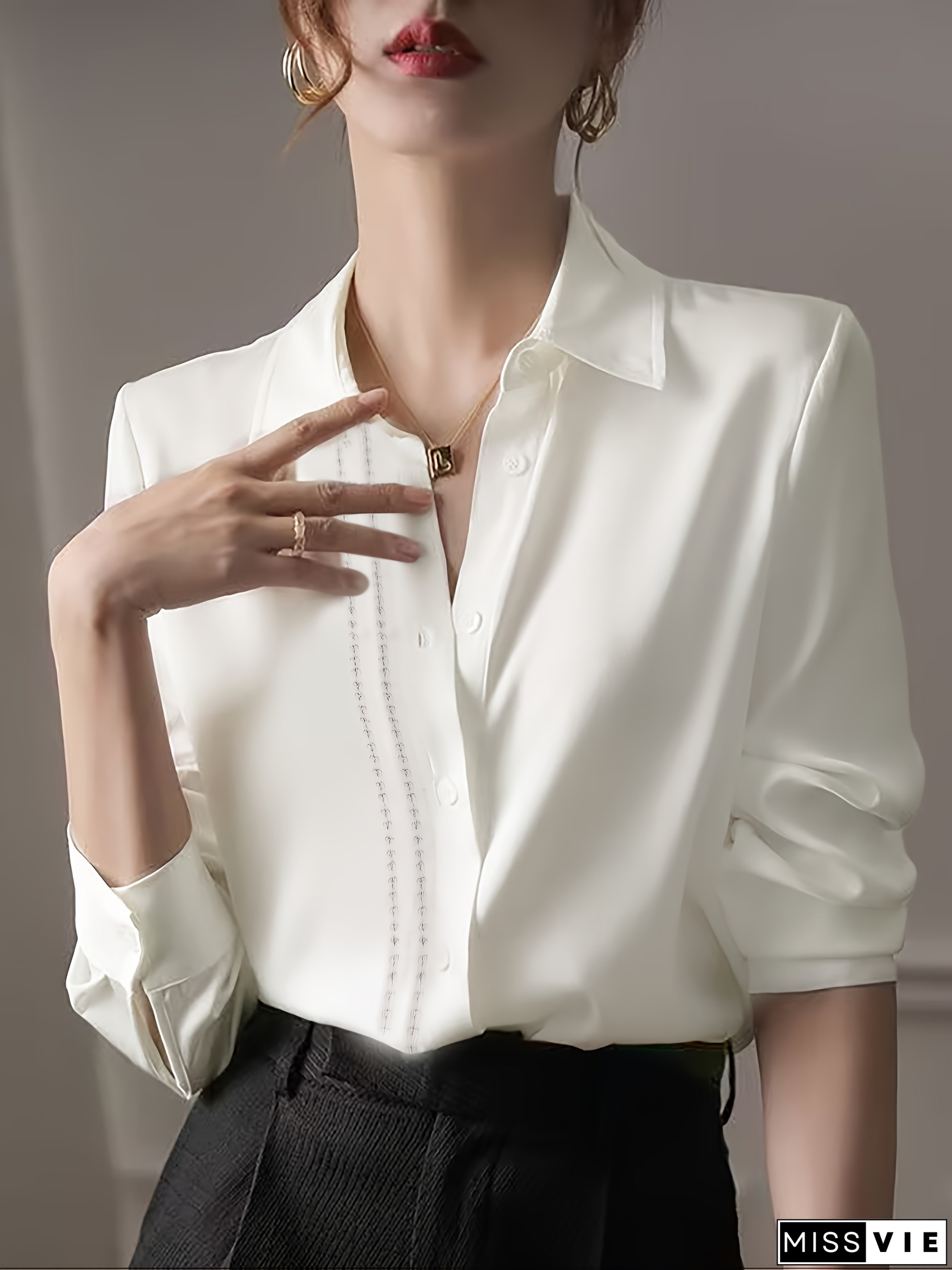 Womens Chic Long Sleeve Blouse Color-Distressed Embroidered Design Polyester Elastane