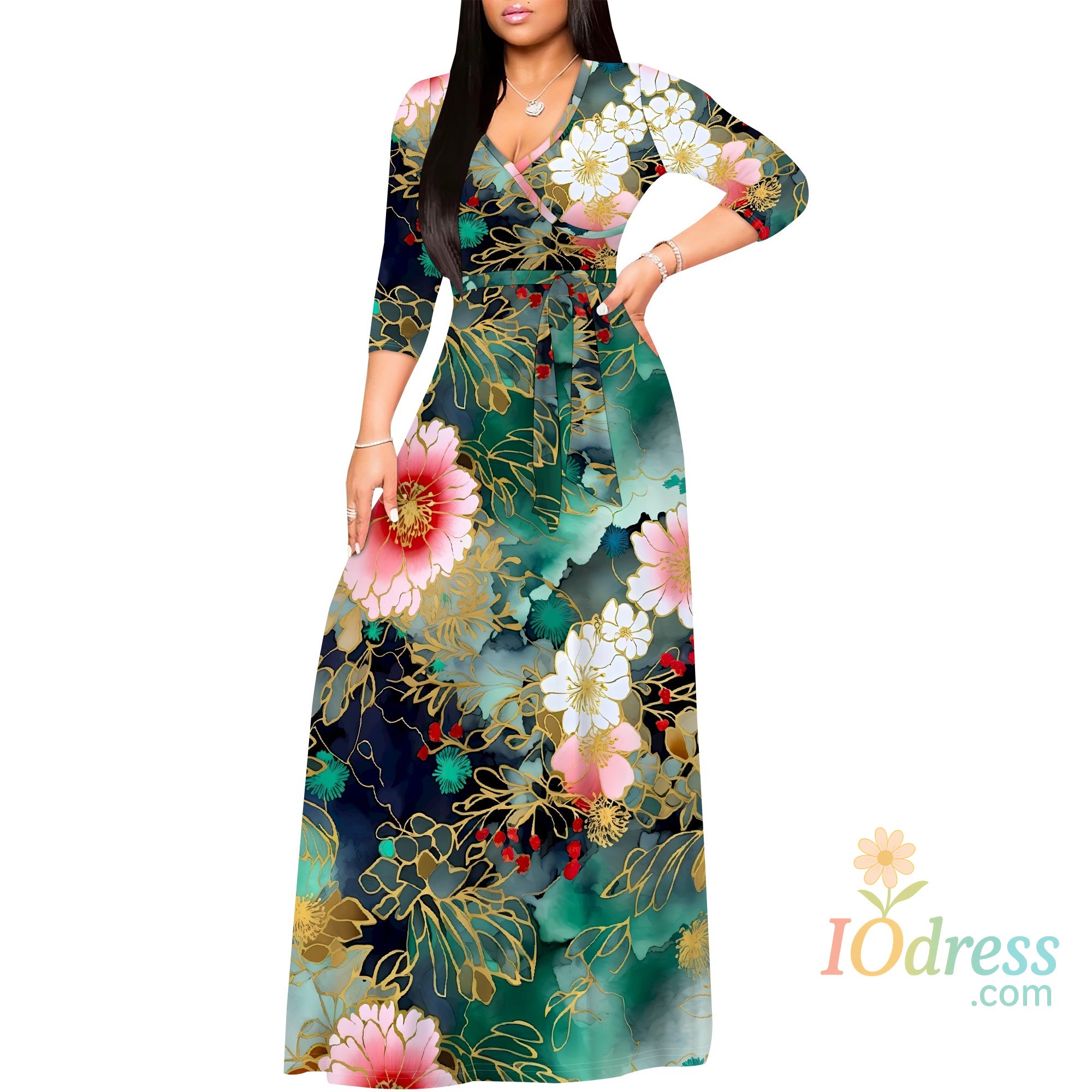 IO Dress Women's Plus Size Maxi Dresses 3/4 Sleeves Bohemian Long Dress Printed Swing Dress with Belt IO Dress