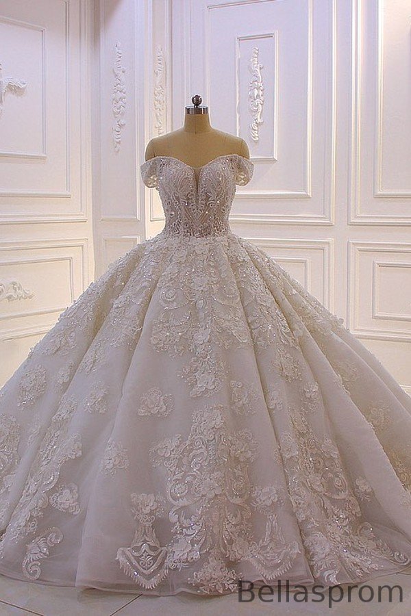 Bellasprom Elegant Sweetheart Off-the-Shoulder Backless Wedding Gown With Lace Appliques Ruffles Bellasprom
