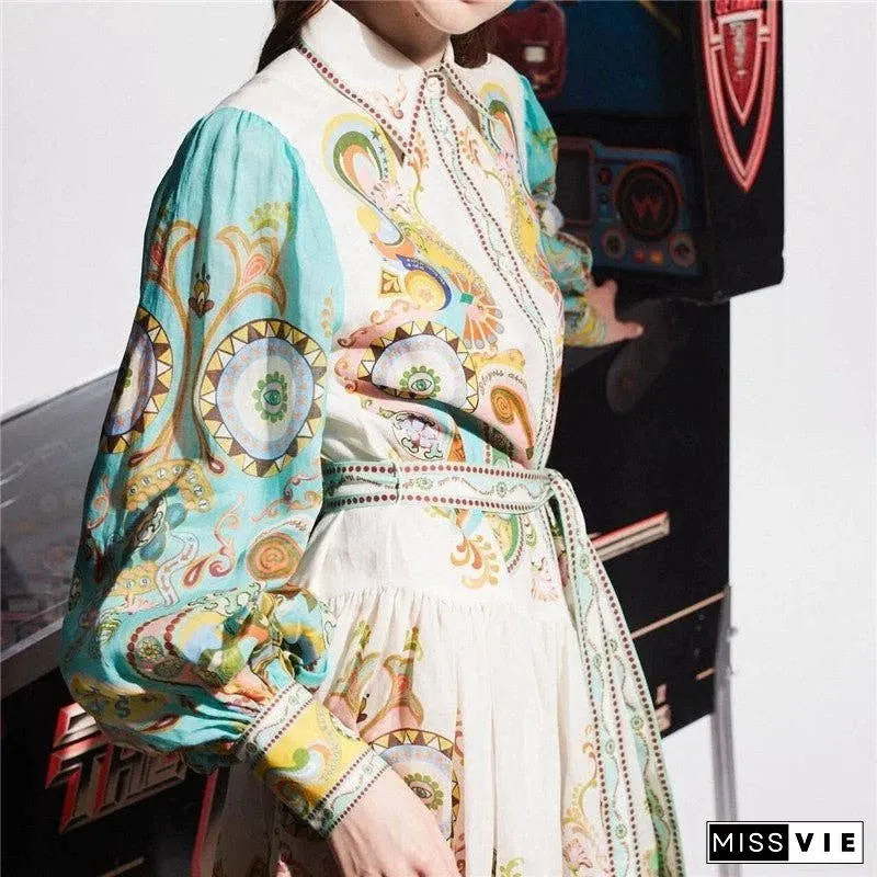 Floral Print Long Sleeve Tie-Waist Swing Dress